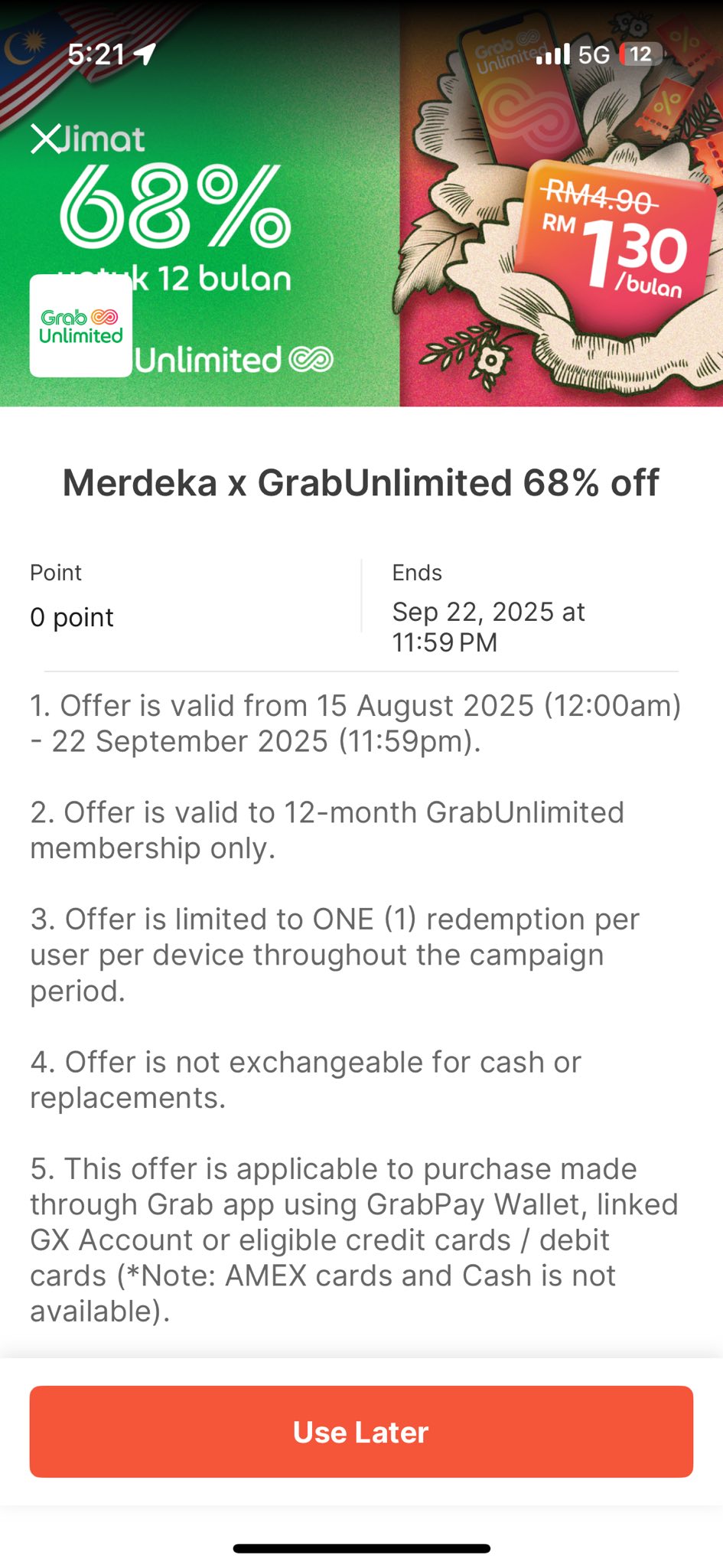 Jin Daily Promo Trivia : GrabUnlimited 68% off - get 12 month GrabUnlimited for RM15.33